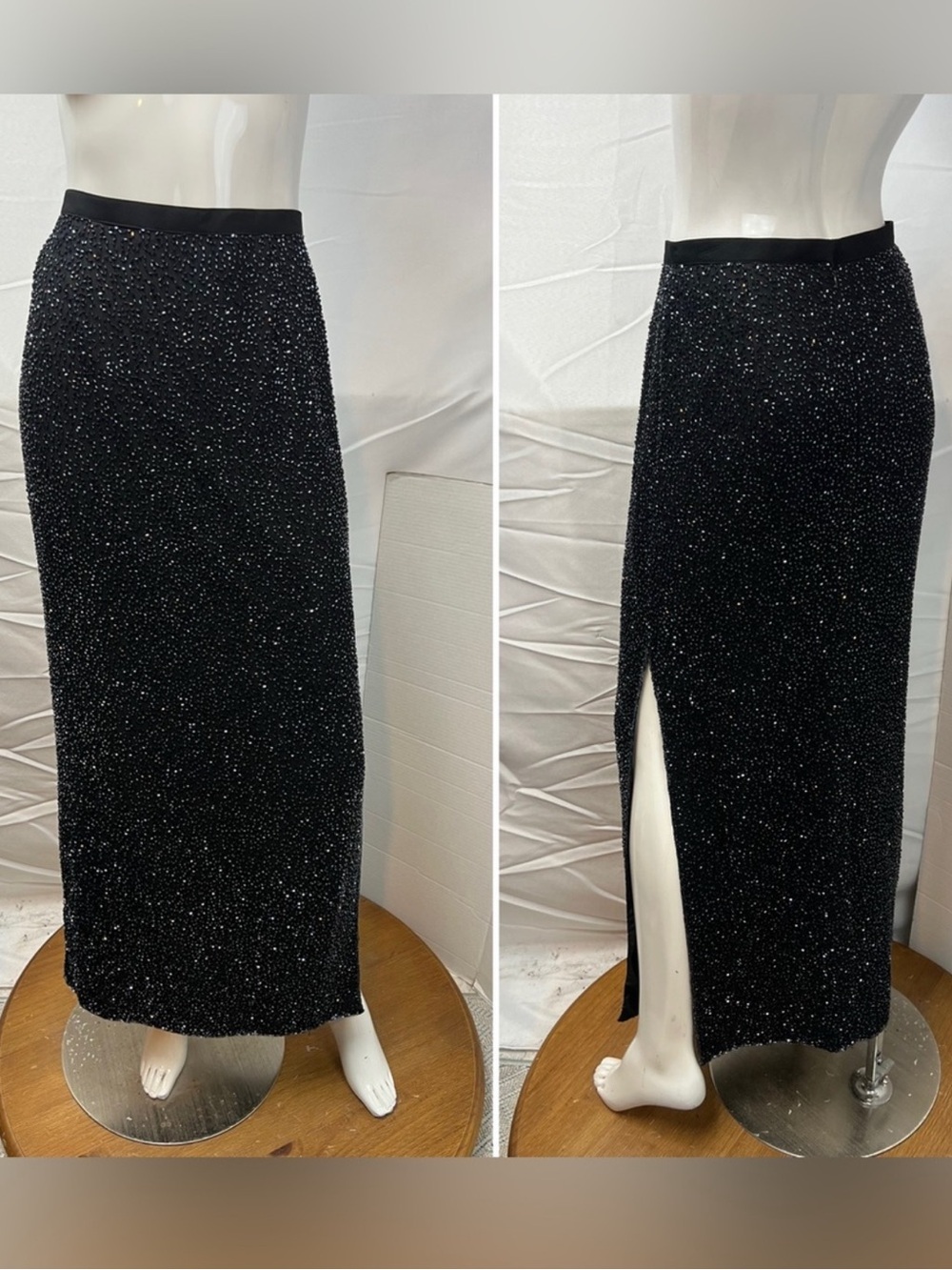 Cache Skirt Black Silk Elegant Sparkle Long Maxi Skirt Side Slit Beaded Evening